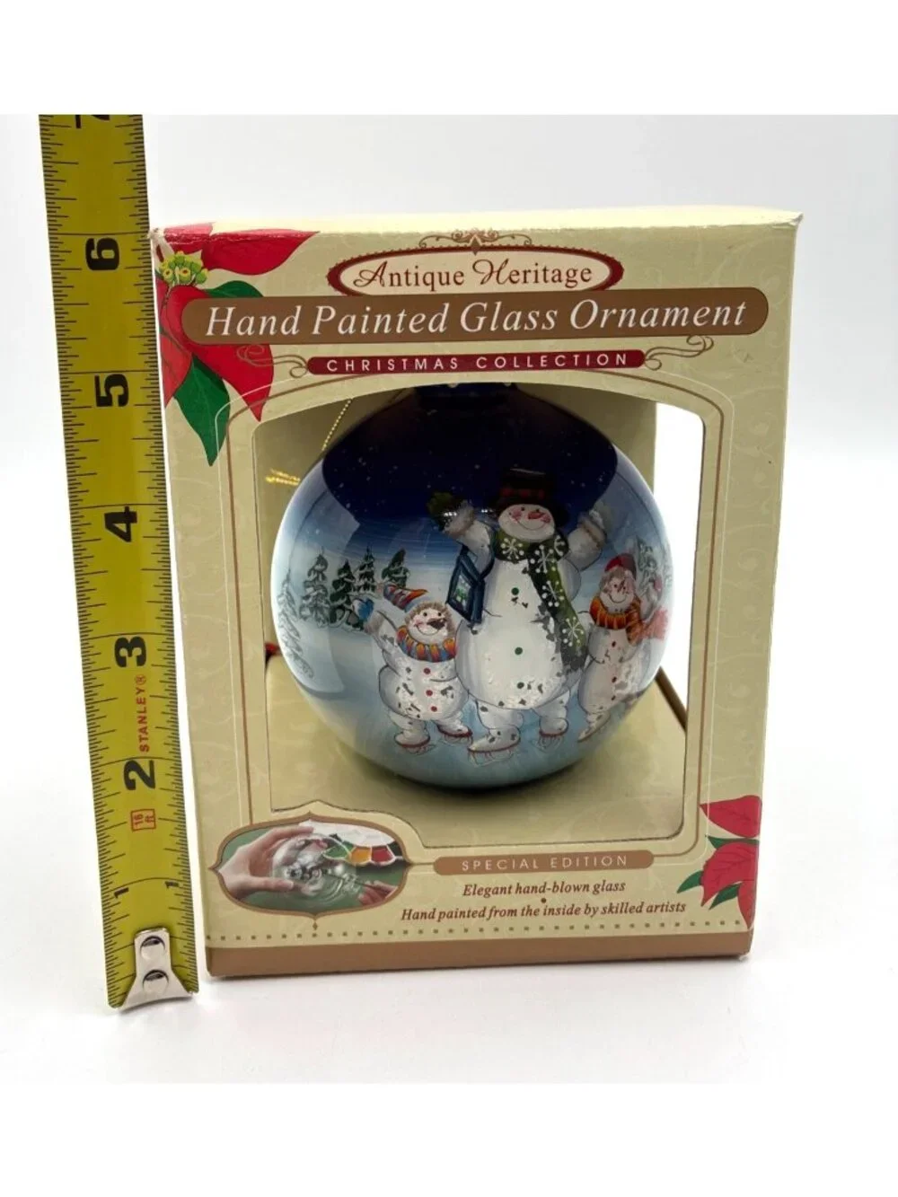 NIB Antique Heritage Hand-Painted Glass Ornament Christmas Snowman Skating 4